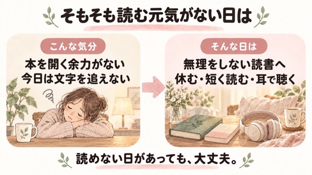 本を開く余力がない日は、無理をしない読書へ。休む・短く読む・耳で聴くという選択肢を示した図解。