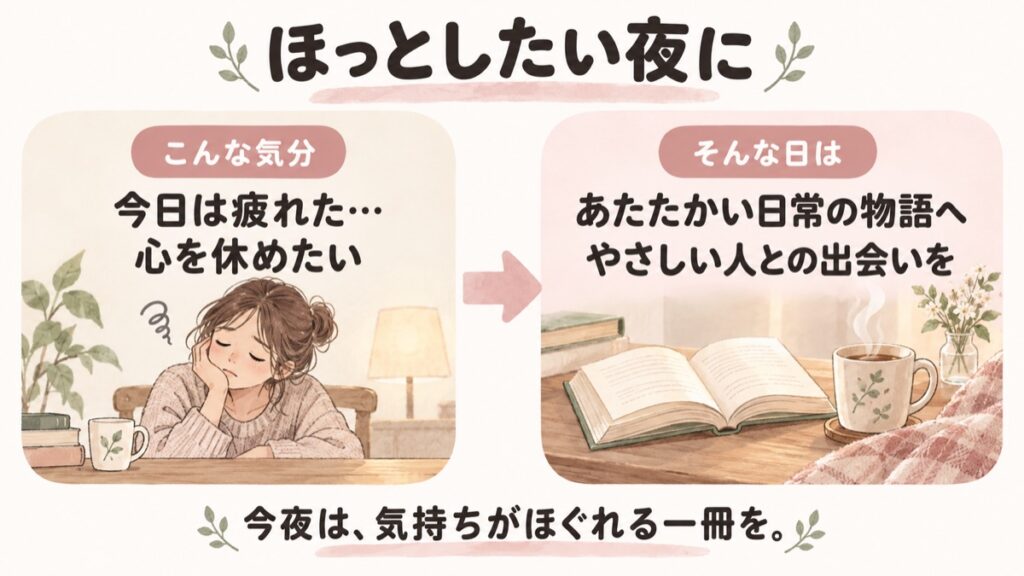 疲れて心を休めたい夜は、あたたかい日常ややさしい人との出会いを描く物語へ。気持ちがほぐれる一冊を選ぶ図解。