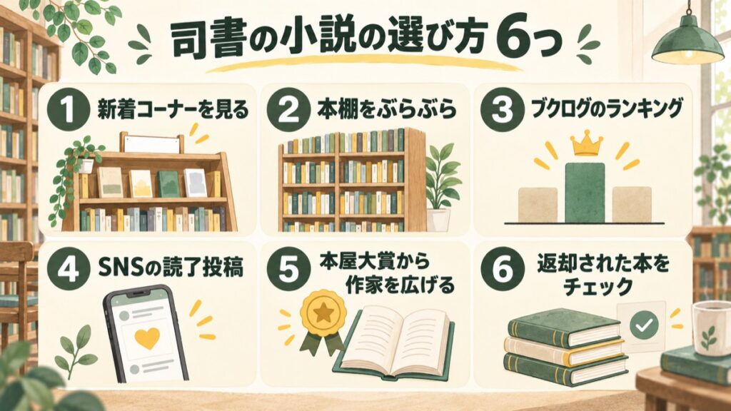 司書の小説の選び方6つ：①新着コーナーを見る ②本棚をぶらぶら ③ブクログのランキング ④SNSの読了投稿 ⑤本屋大賞から作家を広げる ⑥返却された本をチェック