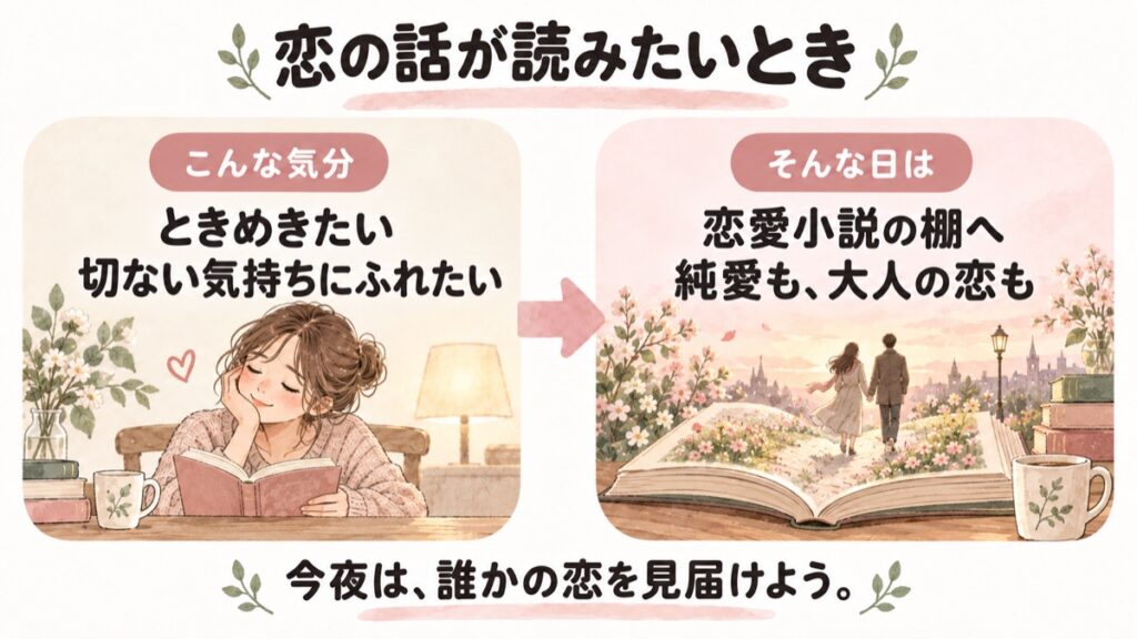 ときめきたい、切ない気持ちにふれたい日は、恋愛小説の棚へ。純愛から大人の恋まで選ぶ図解。