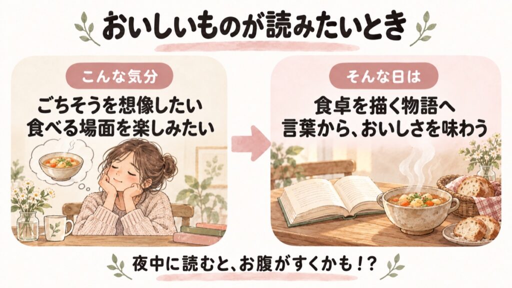 ごちそうを想像したい、食べる場面を楽しみたい日は、食卓を描く物語へ。言葉からおいしさを味わう一冊を選ぶ図解。