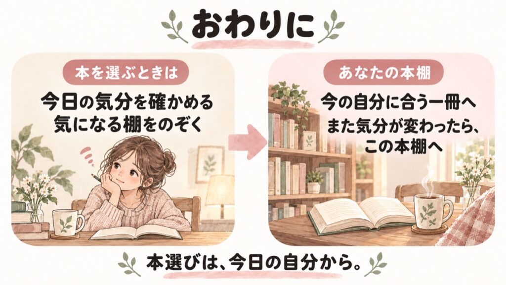 本を選ぶときは今日の気分を確かめ、気になる棚をのぞく。今の自分に合う一冊に出会うための本棚の図解。