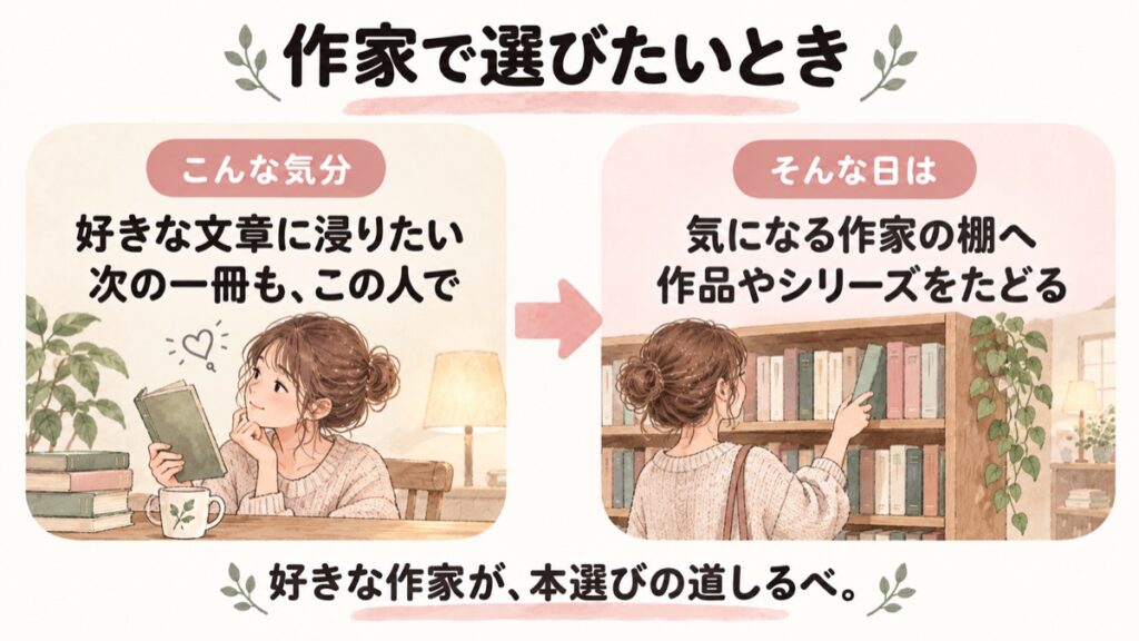 好きな文章に浸りたい日は、気になる作家の棚へ。作品やシリーズをたどって次の一冊を選ぶ図解。