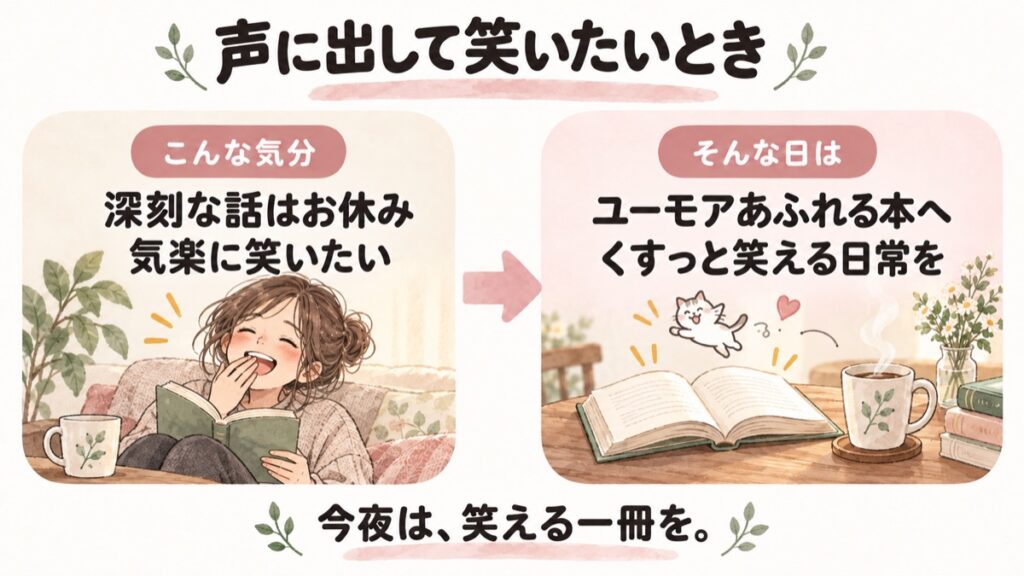 深刻な話はお休みして気楽に笑いたい日は、ユーモアあふれる本へ。くすっと笑える日常を描いた一冊を選ぶ図解。